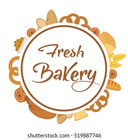 Bakery products frame, flat style. Set of different bread in a round frame template for text, label, emblem. With inscription fresh bread. Vector illustration