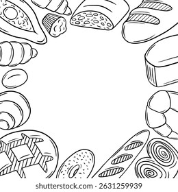 Bakery products frame in sketch style. Bread vector frame with space for text