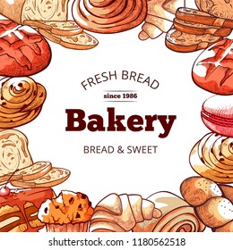 Bakery products, fresh bread background. Natural ingredients, baking our homemade cakes and desserts Vector illustration for social media, blogs, or advertisements