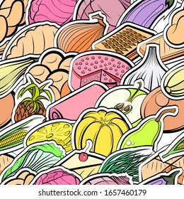 Bakery products, Fruits and Healthy food pattern. Background for printing, design, web. Seamless. Colored.