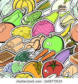 Bakery products, Fruits and Healthy food pattern. Background for printing, design, web. Seamless. Colored.