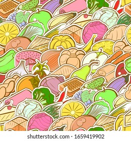 Bakery products, Fruits and Healthy food pattern. Background for printing, design, web. Seamless. Colored.