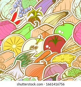 Bakery products, Fruits and Healthy food pattern. Background for printing, design, web. Seamless. Colored.