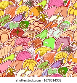 Bakery products, Fruits and Healthy food pattern. Background for printing, design, web. Seamless. Colored.