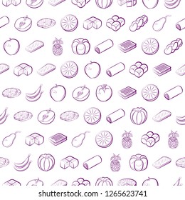 Bakery products and Fruits set. Background for printing, design, web. Usable as icons. Seamless. Color.