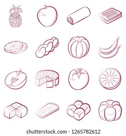 Bakery products and Fruits set. Background for printing, design, web. Usable as icons. Seamless. Color.