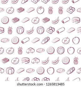 Bakery products and Fruits set. Background for printing, design, web. Usable as icons. Seamless. Color.