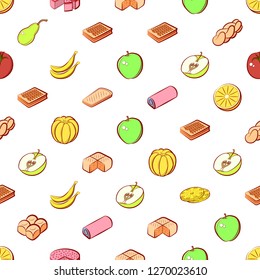 Bakery products and Fruits set. Background for printing, design, web. Usable as icons. Seamless. Colored.