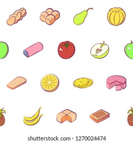 Bakery products and Fruits set. Background for printing, design, web. Usable as icons. Seamless. Colored.