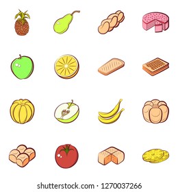 Bakery products and Fruits set. Background for printing, design, web. Usable as icons. Seamless. Colored.