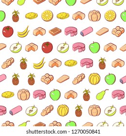 Bakery products and Fruits set. Background for printing, design, web. Usable as icons. Seamless. Colored.