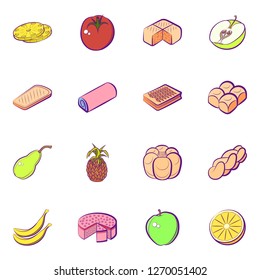 Bakery products and Fruits set. Background for printing, design, web. Usable as icons. Seamless. Colored.