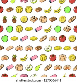 Bakery products and Fruits set. Background for printing, design, web. Usable as icons. Seamless. Colored.