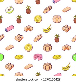 Bakery products and Fruits set. Background for printing, design, web. Usable as icons. Seamless. Colored.