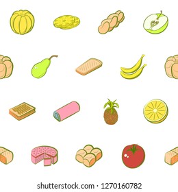 Bakery products and Fruits set. Background for printing, design, web. Usable as icons. Seamless. Colored.