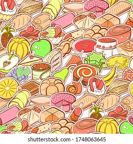 Bakery products, Fruits and Snacks pattern. Background for printing, design, web. Seamless. Colored.