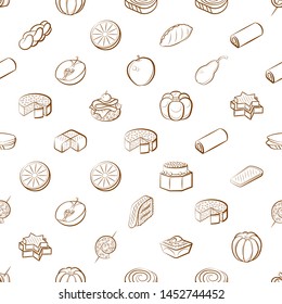 Bakery products, Fruits and Snacks set. Background for printing, design, web. Usable as icons. Seamless. Binary color.