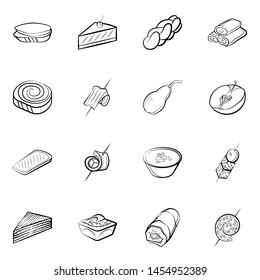 Bakery products, Fruits and Snacks set. Background for printing, design, web. Usable as icons. Monochrome binary, black and white.