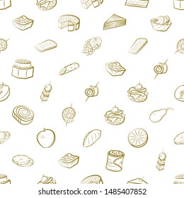 Bakery products, Fruits and Snacks set. Background for printing, design, web. Usable as icons. Seamless. Binary color.