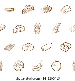 Bakery products, Fruits and Table setting set. Background for printing, design, web. Usable as icons. Seamless. Binary color.