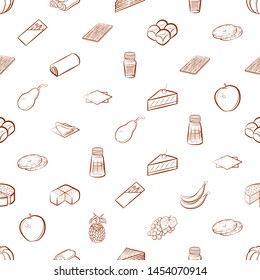 Bakery products, Fruits and Table setting set. Background for printing, design, web. Usable as icons. Seamless. Binary color.