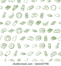 Bakery products, Fruits and Table setting set. Background for printing, design, web. Usable as icons. Seamless. Binary color.