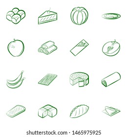 Bakery products, Fruits and Table setting set. Background for printing, design, web. Usable as icons. Binary color.