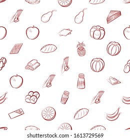 Bakery products, Fruits and Table setting set. Background for printing, design, web. Usable as icons. Seamless. Binary color.