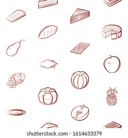 Bakery products, Fruits and Table setting set. Background for printing, design, web. Usable as icons. Seamless. Binary color.