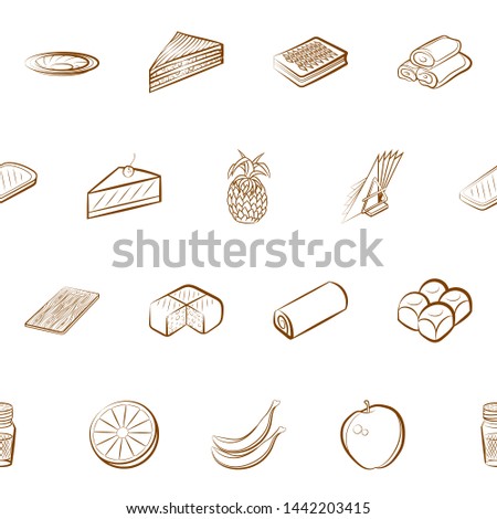 Bakery products, Fruits and Table setting set. Background for printing, design, web. Usable as icons. Seamless. Binary color.