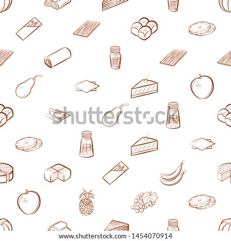 Bakery products, Fruits and Table setting set. Background for printing, design, web. Usable as icons. Seamless. Binary color.