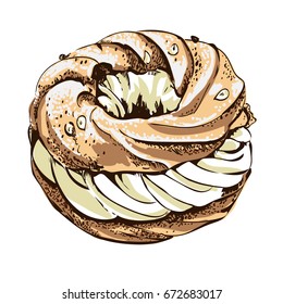  Bakery products graphic Illustration,Desert Paris Brest illustration.Eclair and cream .