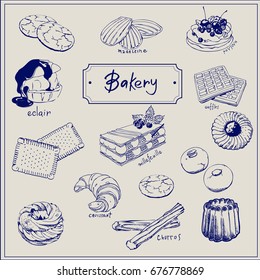  Bakery products hand drawing  set on decorativ  background of elements: Waffles, Madeleine, Croissant,  Petites sables,  Canela , Churros, Paris Brest, Eclair, Pavlova etc with black outlines
