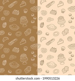 Bakery products hand drawn doodle seamless pattern. Cartoon background with linear icons of pastry items. Random baked goods scattered on background. Cafe menu backdrop, wrapping paper design