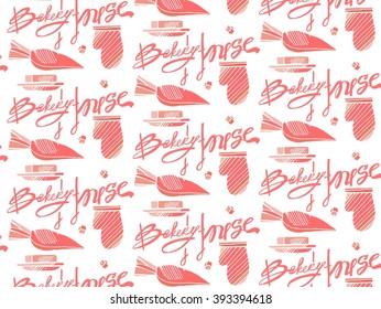 Bakery products hand drawn seamless pattern. Vector illustration.Bakery House calligraphy.Hand drawn  lettering typography badge. It can be used for signage, logos, branding, product launches.