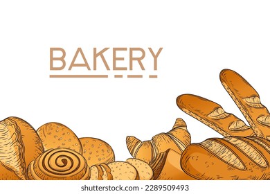 Bakery products hand drawn style for postcard or banner design vector illustration on white background