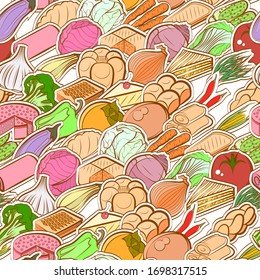 Bakery products and Healthy food pattern. Background for printing, design, web. Seamless. Colored.