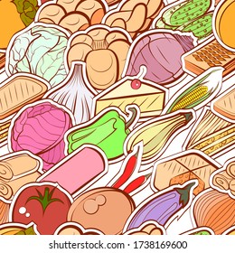 Bakery products and Healthy food pattern. Background for printing, design, web. Seamless. Colored.