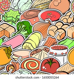 Bakery products, Healthy food and Snacks pattern. Background for printing, design, web. Seamless. Colored.