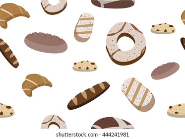 Bakery products with hearts pattern on white background. Bread vector illustration.