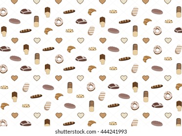 Bakery products with hearts pattern on white background. Bread vector illustration.