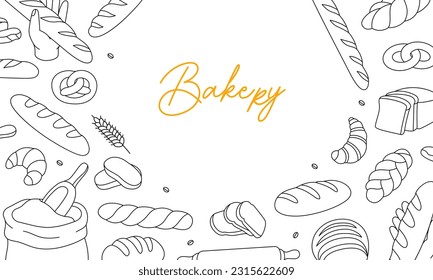 Bakery products horizontal outline banner. Breads and pastry menu illustration. Wheat bread, pretzel, ciabatta, croissant, french baguette.