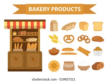 Bakery products icon set, flat style. Set of different bread and pastry isolated on white background. Flour products. Baking Showcases icon.  Vector illustration