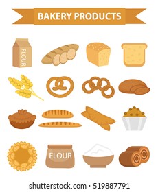 Bakery products icon set, flat style. Set of different bread and pastry isolated on white background. Flour products. Loaf, baguette, pretzel, bagels, muffins, flour. Vector illustration eps 10.