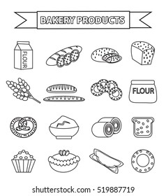 Bakery products icon set, line, outline, doodle style. Set of different bread and pastry isolated on white background. Flour products. Vector illustration