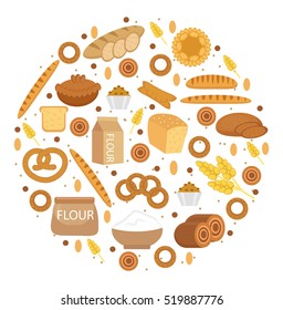 Bakery products icon set in a round shape, Flat style. Set of different bread and pastry isolated on white background. Flour products. Vector illustration eps 10.