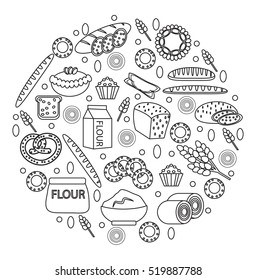 Bakery products icon set in a round shape, line, outline, doodle style. Set of different bread and pastry isolated on white background. Flour products. Vector illustration