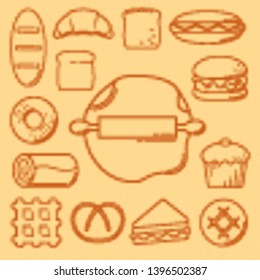 Bakery Products icons, graphic style, bread, buns, hamburger, hot dog, sandwiches, cup cake, donut, egg roll, waffle, muffin, pretzel, bread, bun