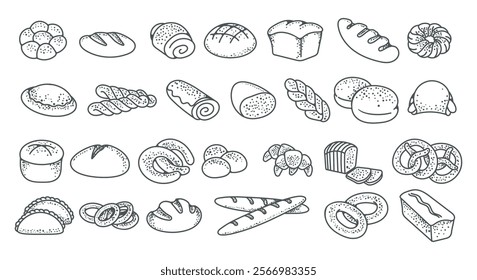 Bakery products icons. Pastries croissant bread buns grated pie french baguettes rye bread chocolate roll pie braid cake isolated vector illustration