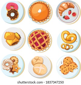 Bakery products illustration, bake, cake, pie, pretzel, bread, donuts